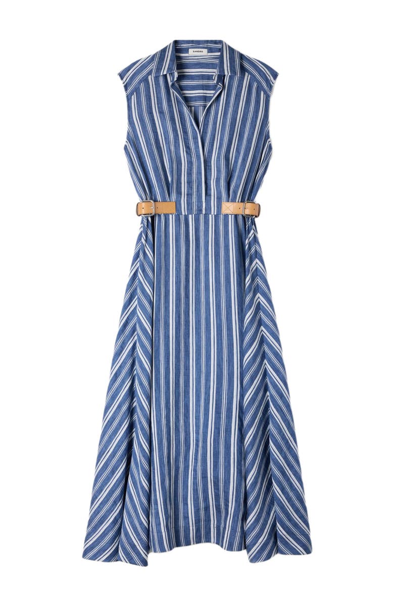 SANDRO Striped maxi dress with leather tab, Alternate, color, Blu / White