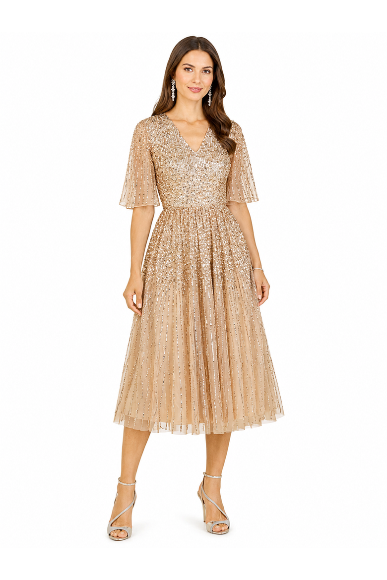 Flowing, Sequin Midi Dress with Short Sleeves, Alternate, color, Champagne