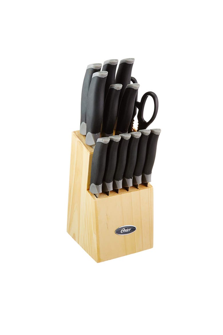 Lingbergh 14 Piece Stainless Steel Cutlery Knife Set with Pine Wood Block, Alternate, color, Black