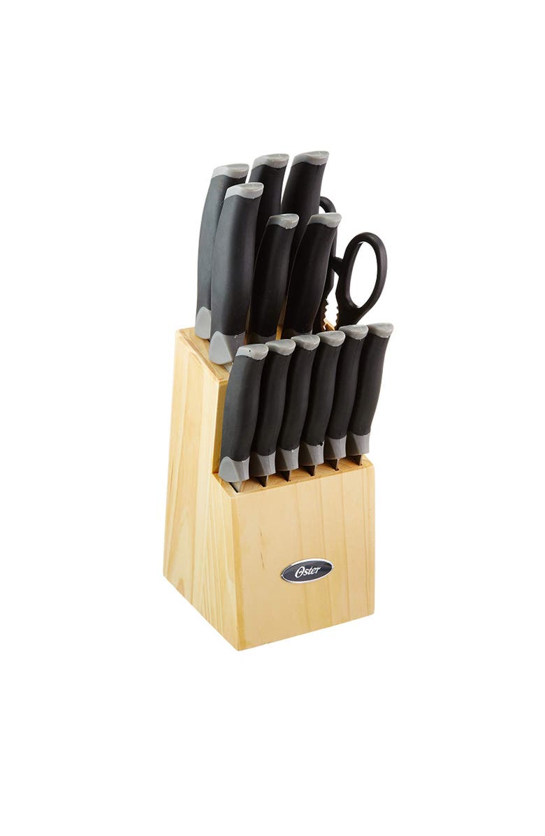 OSTER Lingbergh 14 Piece Stainless Steel Cutlery Knife Set with Pine Wood Block, Alternate, color, Black