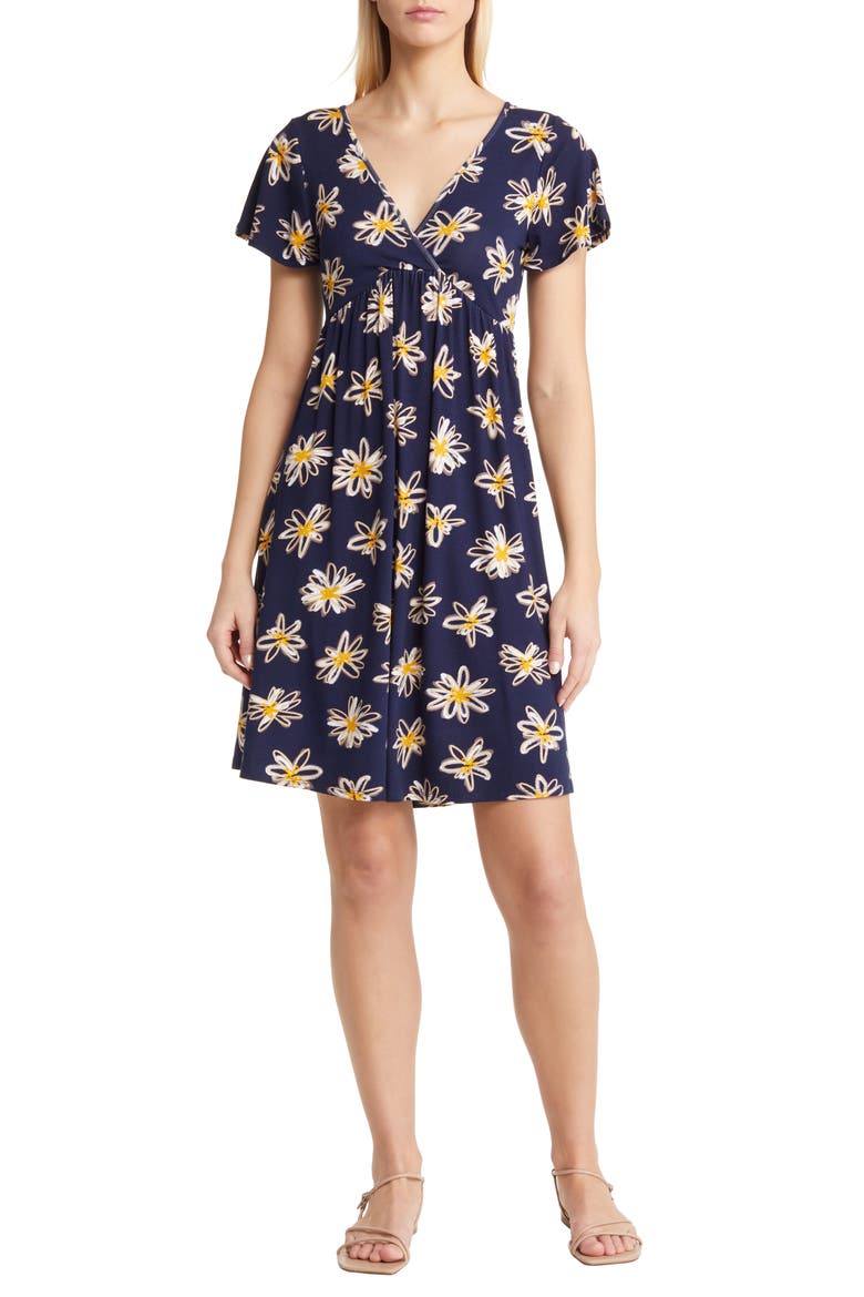 Floral Tie Back Surplice V-Neck Knit Minidress, Main, color, NAVY/ IVORY