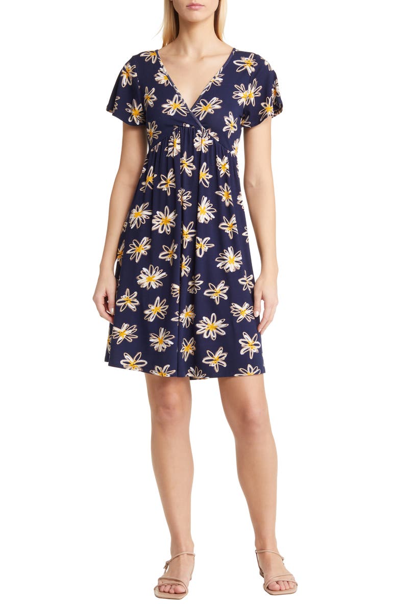 Loveappella Floral Tie Back Surplice V-Neck Knit Minidress, Main, color, Navy/ Ivory