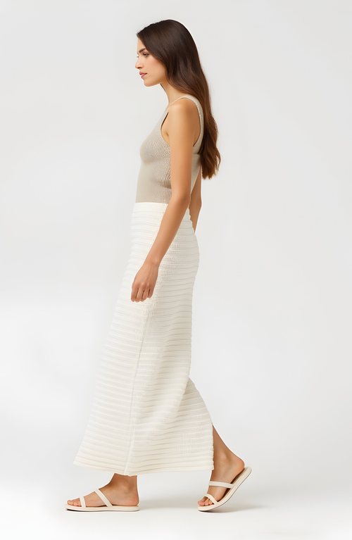 Modenaire Textured Knit Midi Skirt With Ribbed Stripe Pattern And Back Slit In White