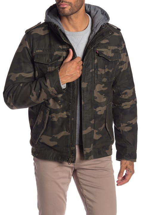 Washed Cotton Faux Shearling Lined Hooded Military Jacket