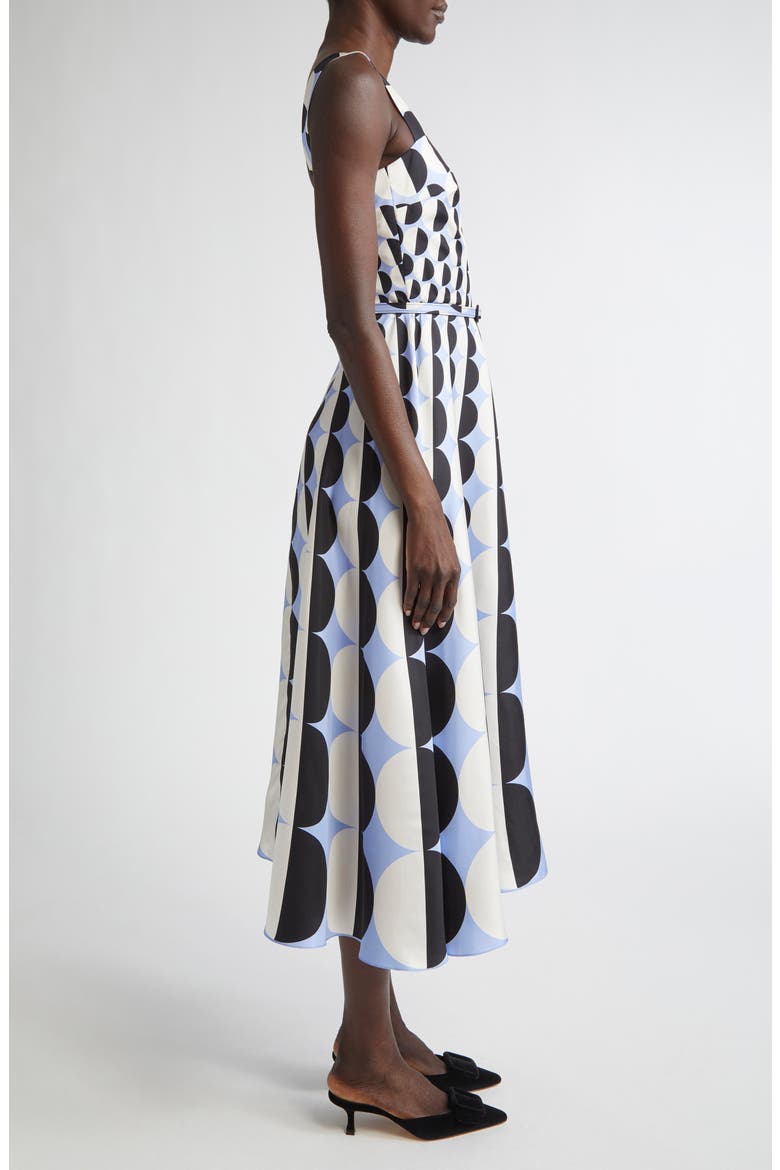 Geo Print Silk Twill Belted Midi Dress, Alternate, color, BLACK/ BLUE