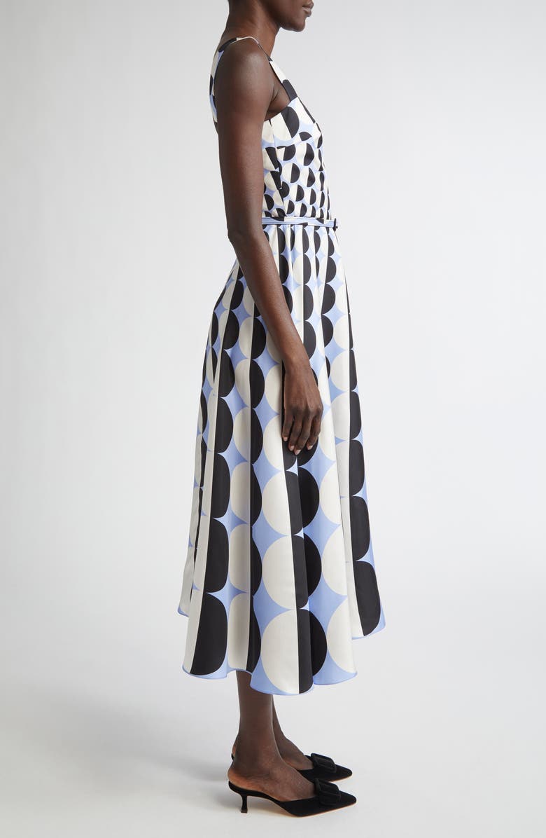 Oscar de la Renta Geo Print Silk Twill Belted Midi Dress, Alternate, color, Black/ Blue
