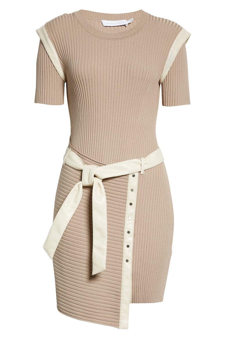 Jonathan Simkhai Hardin Compact Ribbed Belted Short Sleeve Dress, Alternate, color, TAN/ PAPYRUS