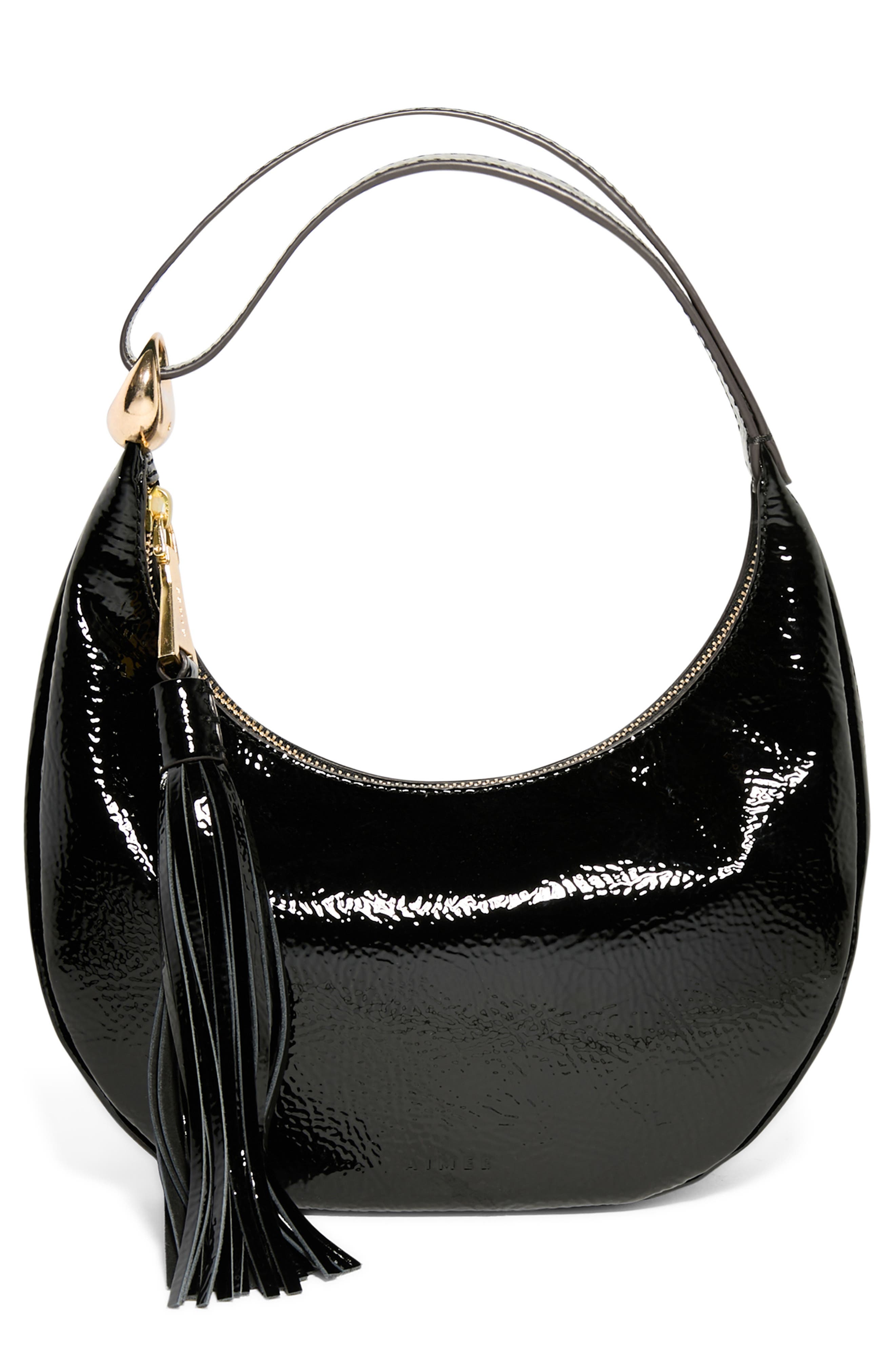 AIMEE Bloom Bean Bag Leather Moon Bag, Main, color, Black Crinkle Patent