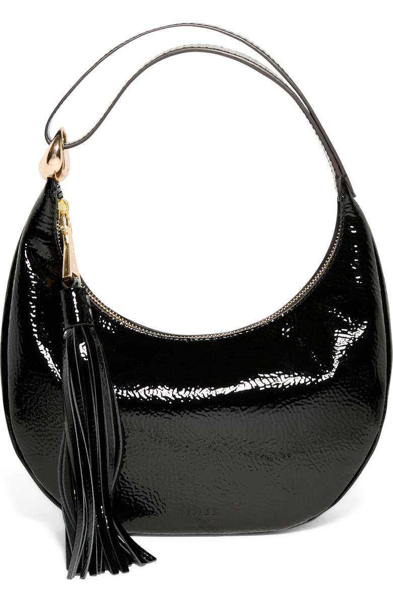 AIMEE Bloom Bean Bag Leather Moon Bag, Main, color, Black Crinkle Patent