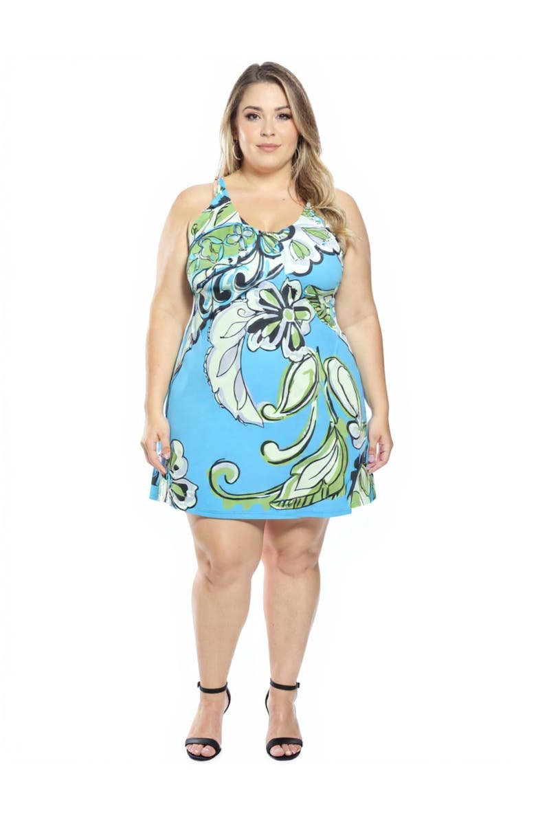 24seven Comfort Apparel Plus Size Paisley Knee Length Paisley Sleeveless Keyhole Dress, Main, color, Blue Multi