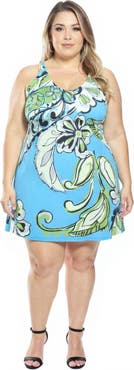 24seven Comfort Apparel Plus Size Paisley Knee Length Paisley Sleeveless Keyhole Dress