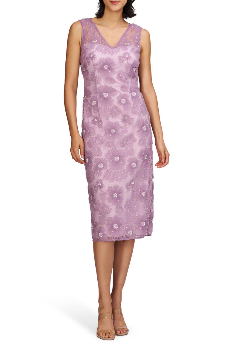 Beaded Floral Appliqué Cocktail Sheath Dress, Main, color, PALE LILAC