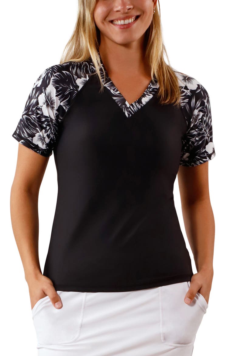 Short Sleeve V-Neck Sun & Swim Shirt, Main, color, Black Paradise