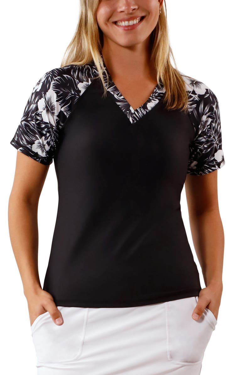 UV Skinz Short Sleeve V-Neck Sun & Swim Shirt, Main, color, Black Paradise