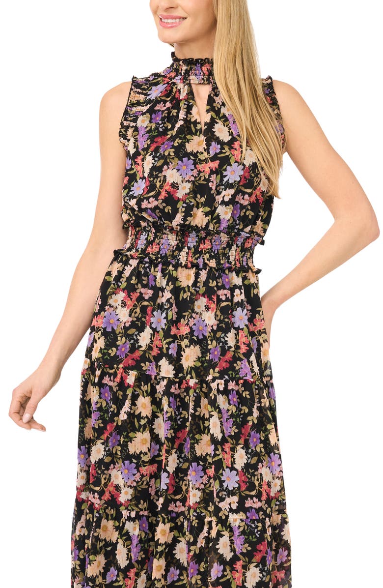 CeCe Floral Mock Neck Midi Dress, Alternate, color, Rich Black