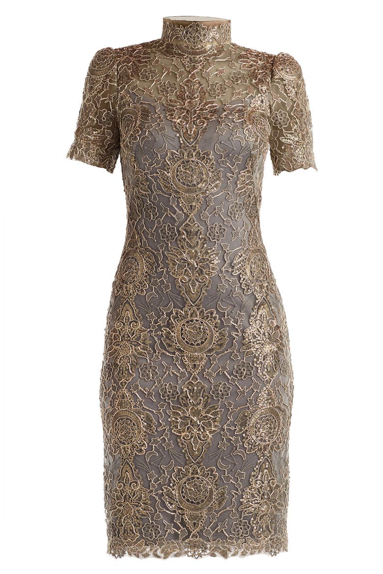 Metallic Embroidered Illusion Neck Cocktail Dress, Alternate, color, SMOKE PEARL