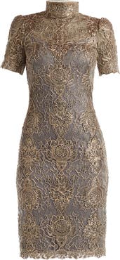 Tadashi Shoji Metallic Embroidered Illusion Neck Cocktail Dress