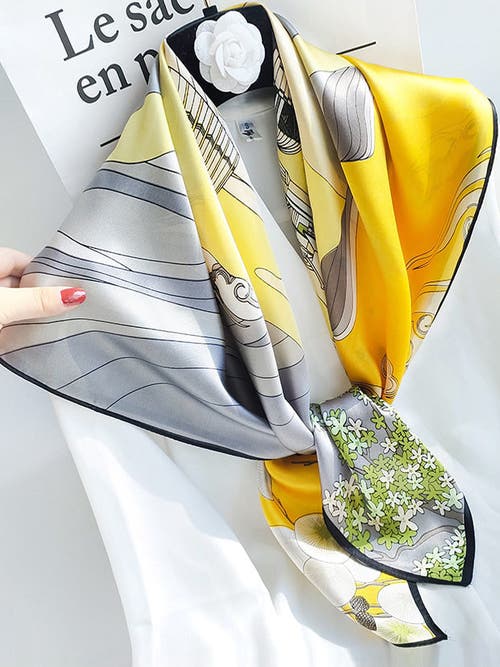 Silksilky 100% Mulberry Silk Printed Square Shawl Scarf 88*88cm In Yellow