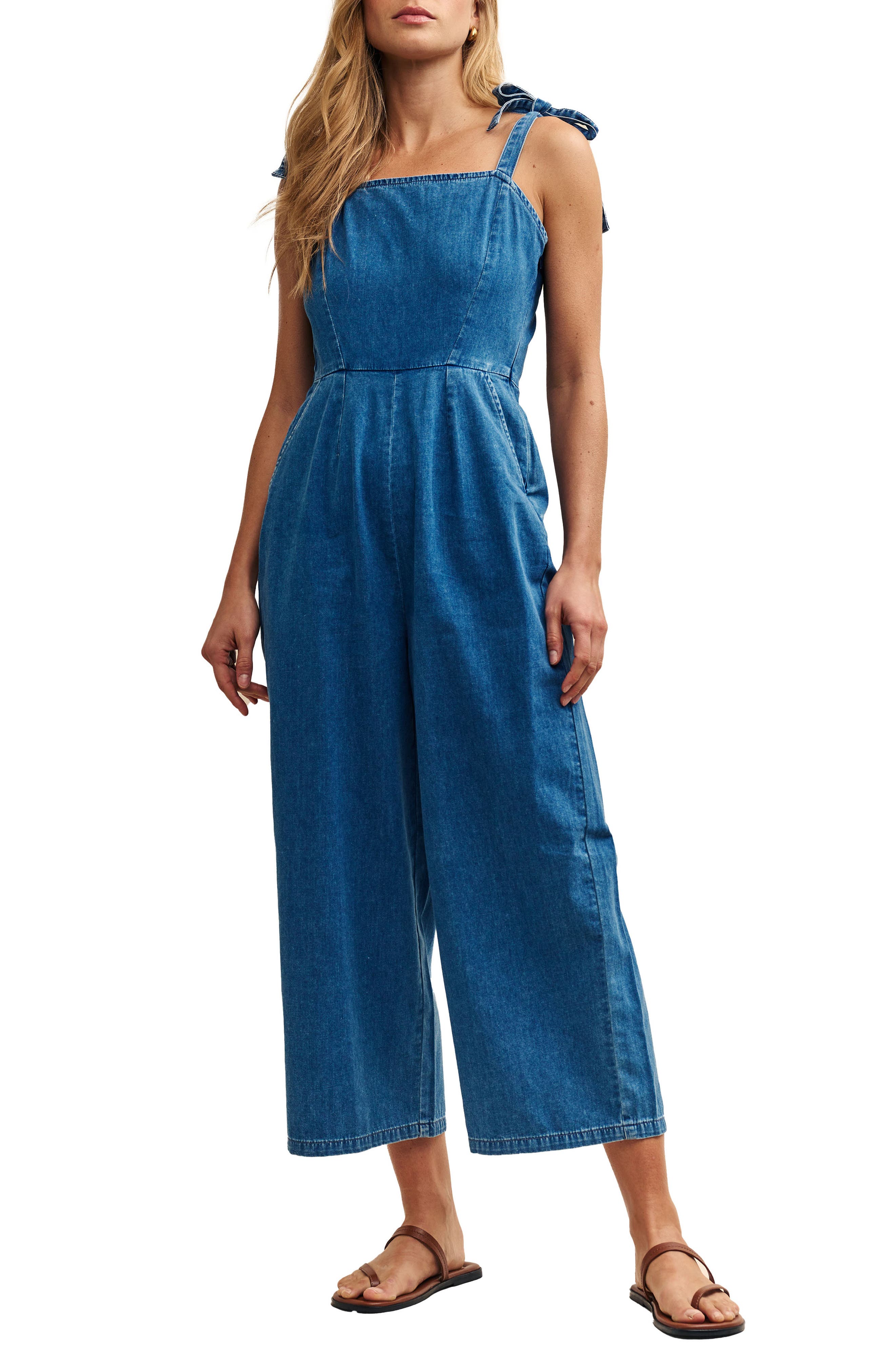 Nobody's Child Islington Smocked Back Organic Cotton Denim Jumpsuit in Blue 