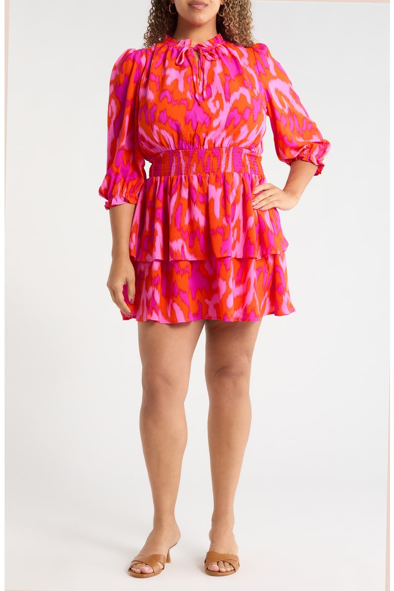 Charly Starla Puff Sleeve Tiered Dress, Main, color, ORANGE FUCHSIA MULTI
