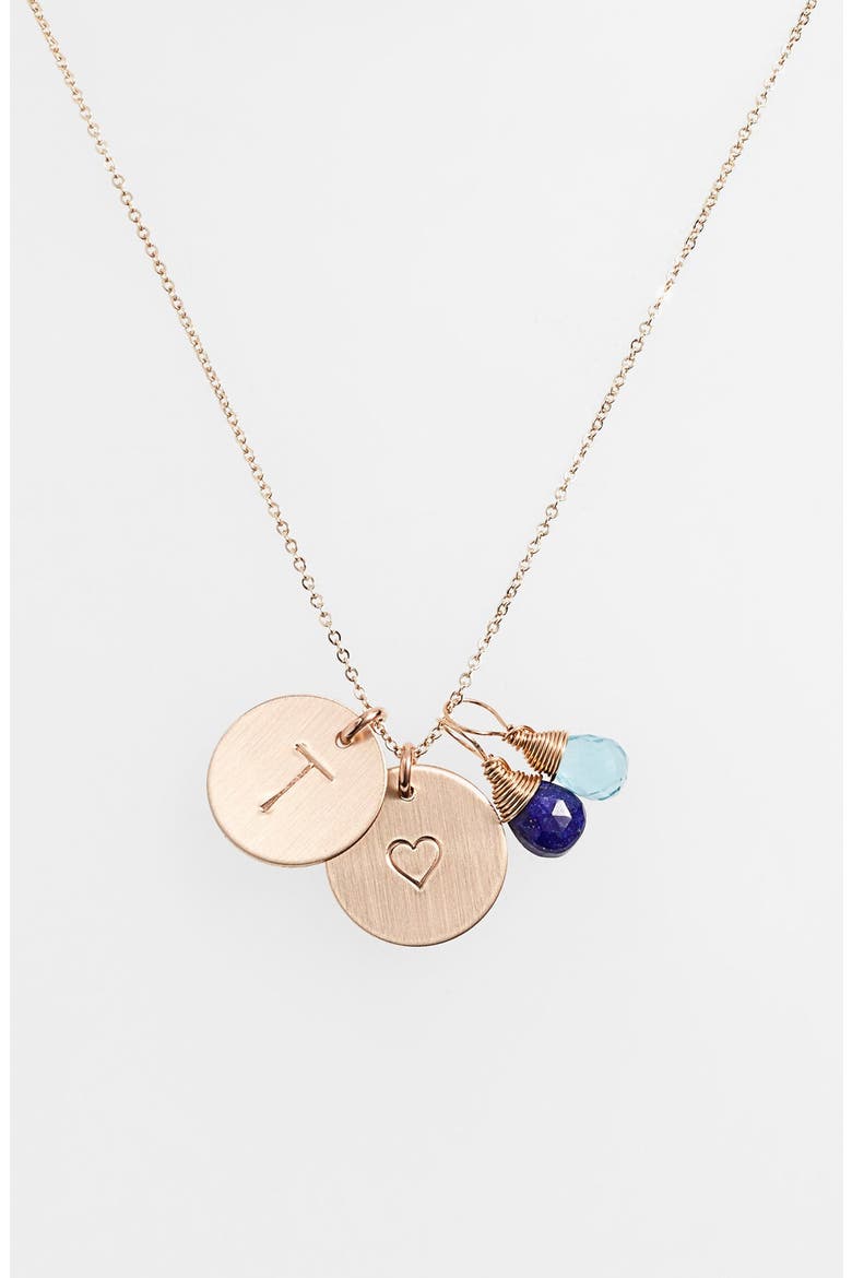 Blue Quartz Initial & Heart 14k-Gold Fill Disc Necklace, Main, color, ROYAL BLUE AND OCEAN BLUE T