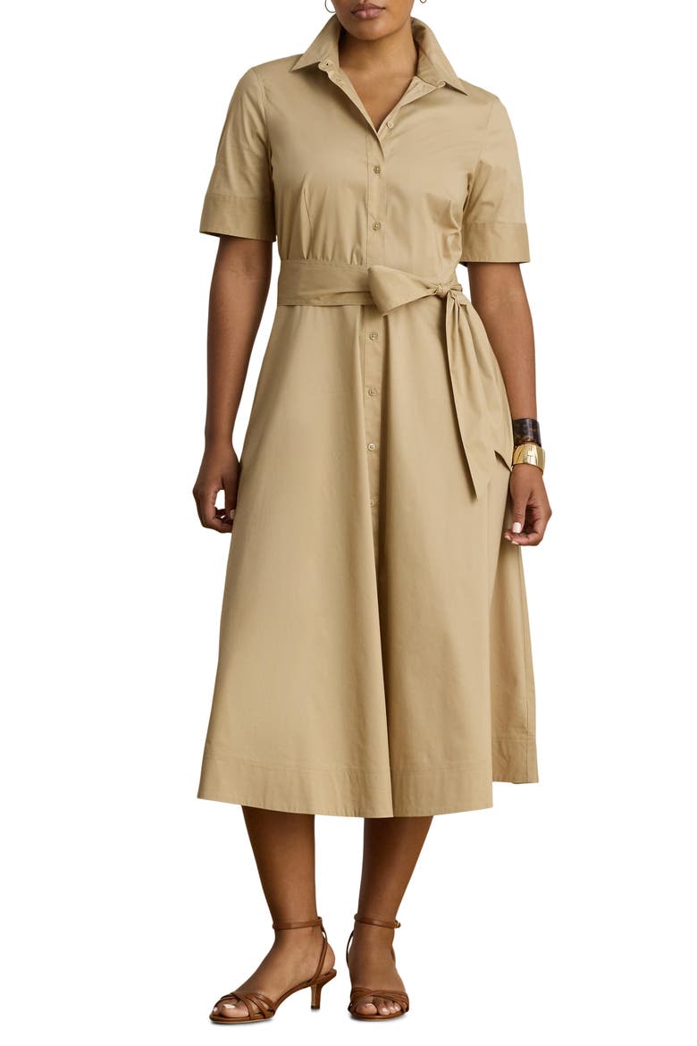 Belted Cotton Blend Shirtdress, Alternate, color, BIRCH BEIGE