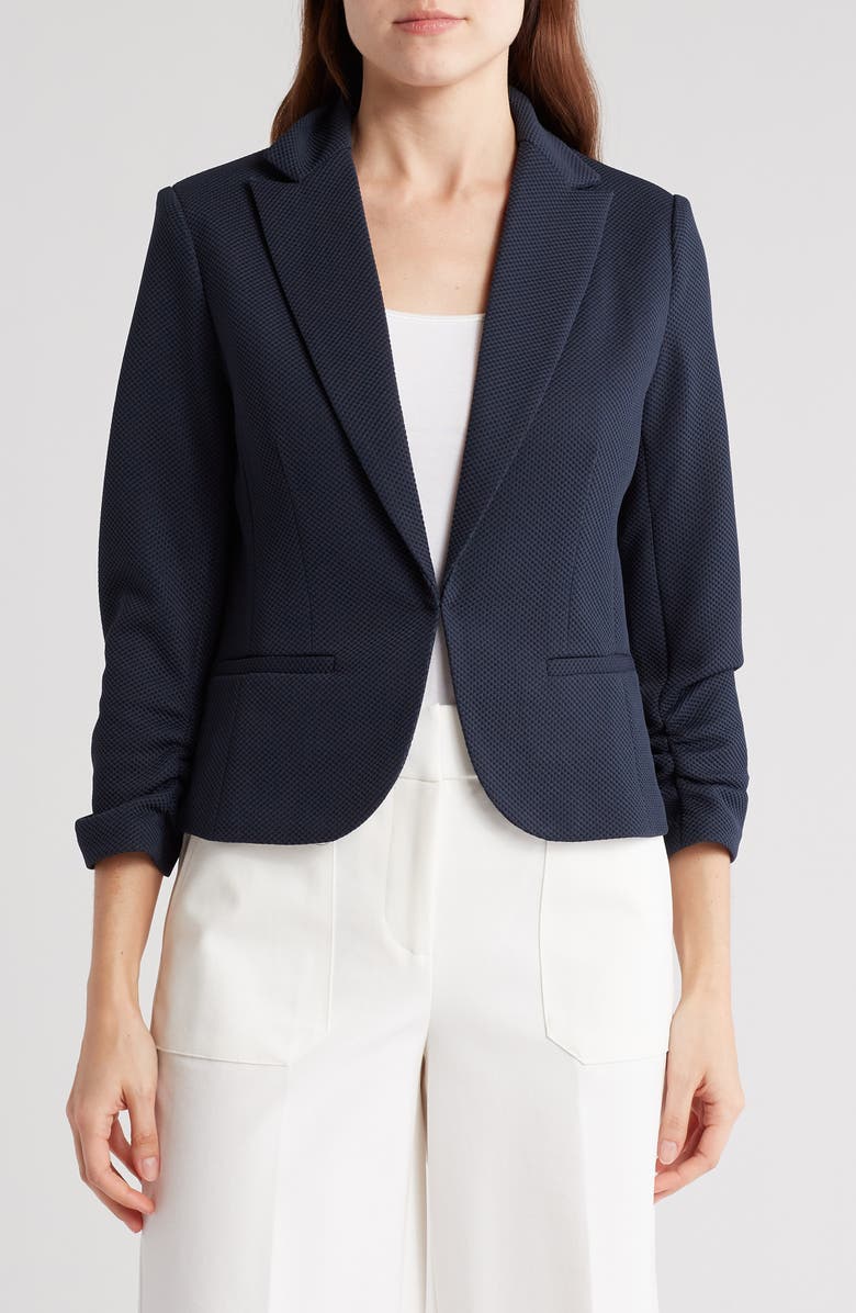 Amanda & Chelsea Notch Lapel 3/4 Sleeve Pique Knit Blazer, Main, color, Navy
