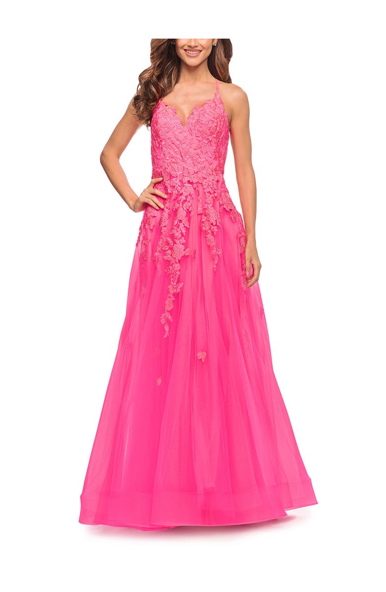 La Femme Gorgeous Lace and Tulle Ball Gown with High Slit in Neon Pink, Main, color, Neon Pink