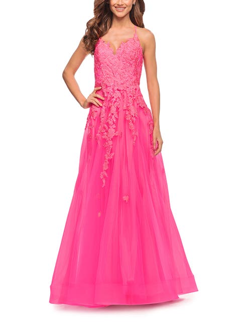 Gorgeous Lace and Tulle Ball Gown with High Slit in Neon Pink