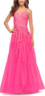La Femme Gorgeous Lace and Tulle Ball Gown with High Slit in Neon Pink