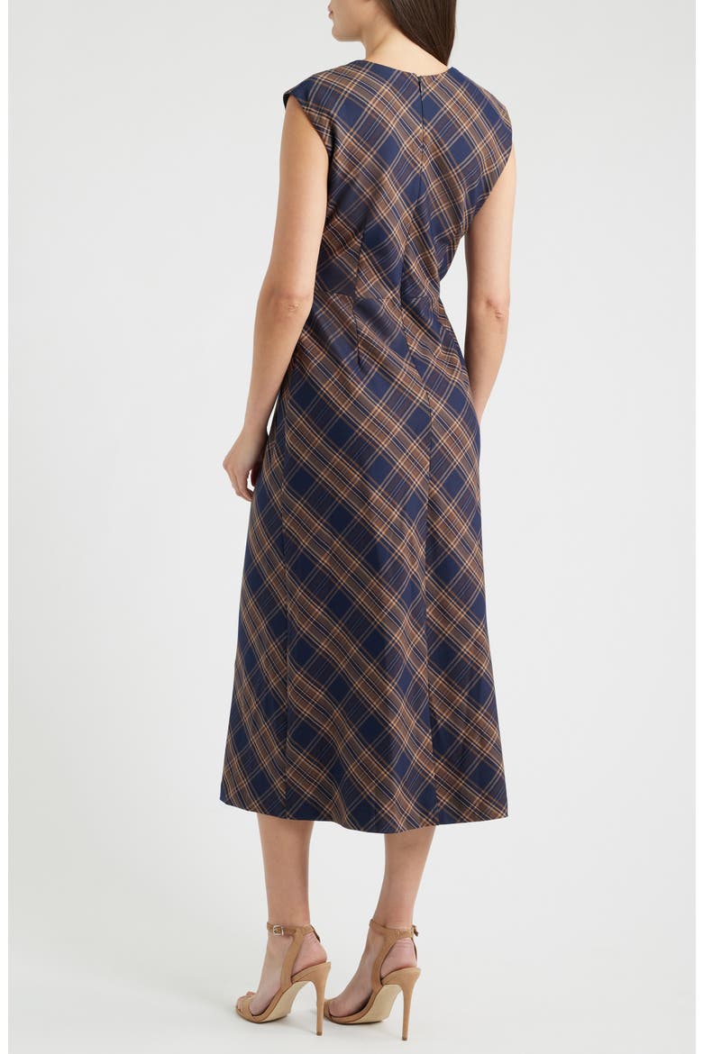 Plaid Pleated Midi Dress, Alternate, color, NAVY BROWN