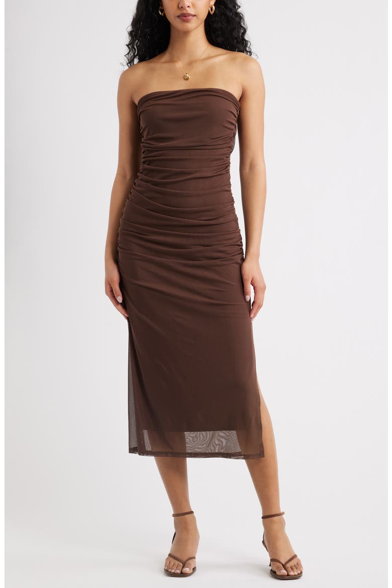 Ruched Strapless Mesh Dress, Main, color, BROWN TERRA