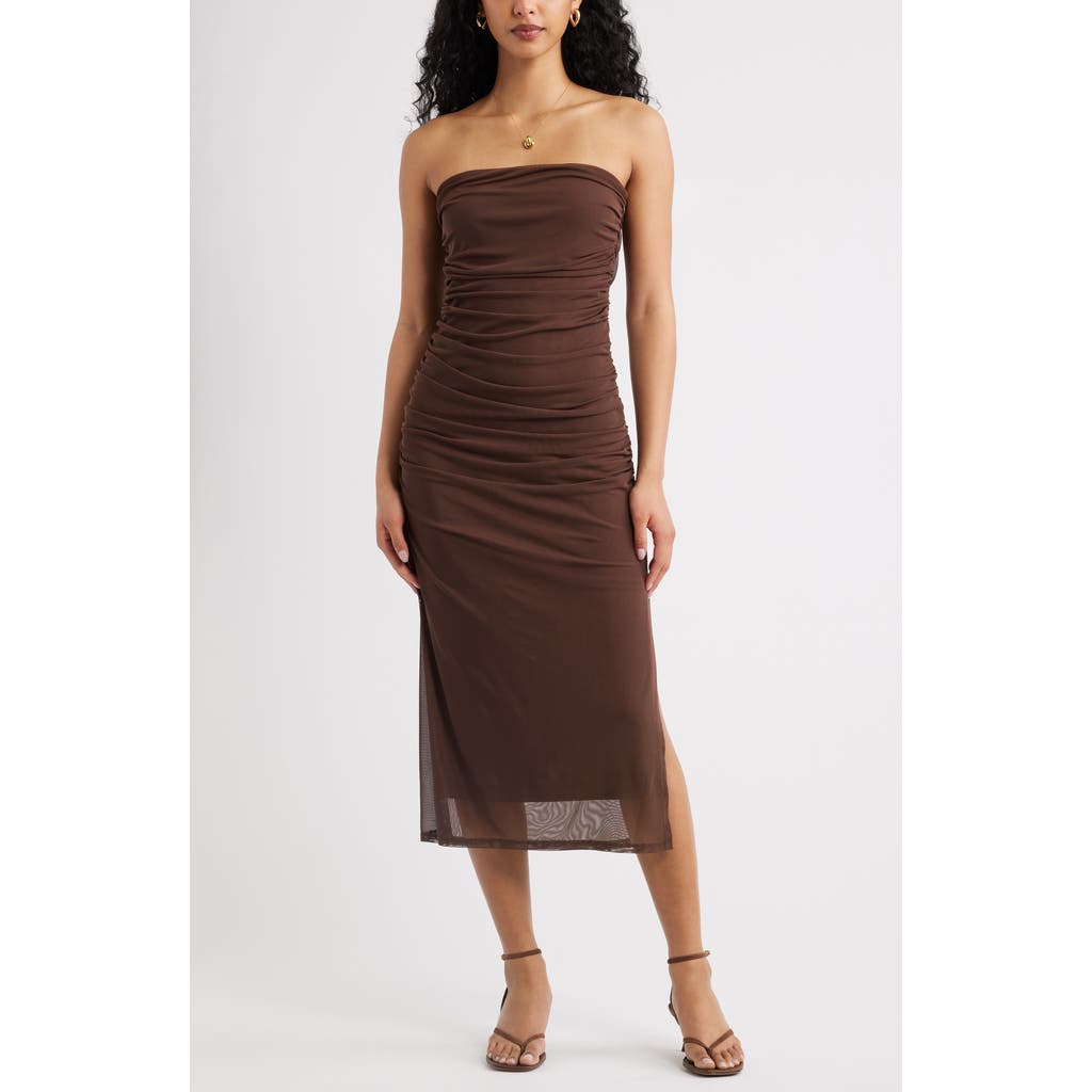 Open Edit Ruched Strapless Mesh Dress In Brown