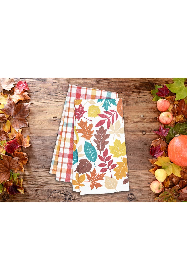 Fall Leaves & Plaid Printed Woven Kitchen Dishtowels Set of 2, Alternate, color, White