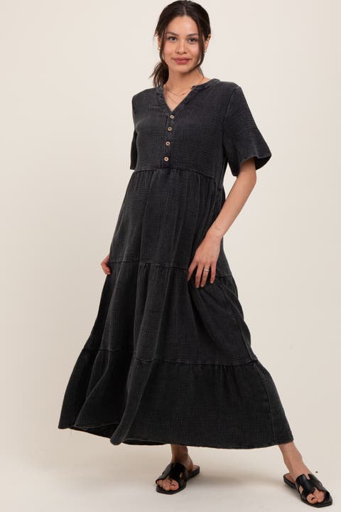 Button Front Tiered Maxi Dress