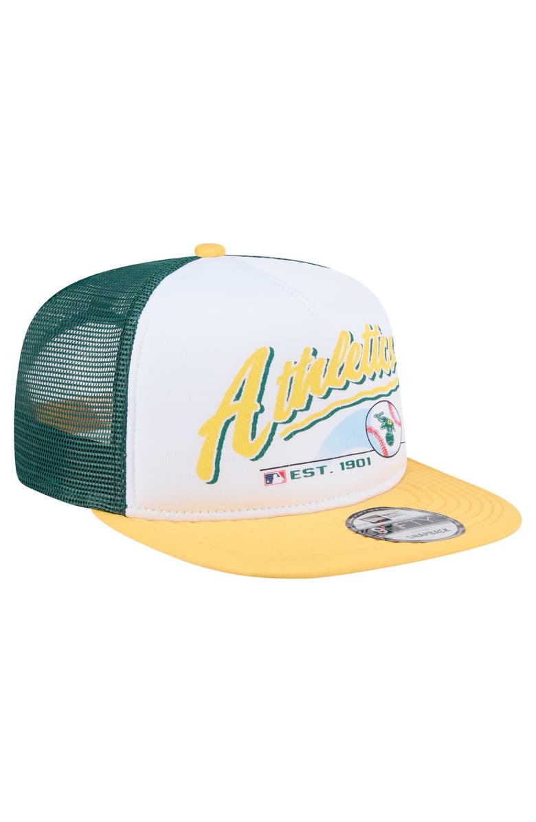 New Era Men's New Era White/Gold Athletics Retro Script Trucker 9FIFTY Snapback Hat, Alternate, color, 
