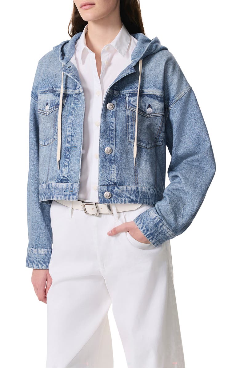 rag & bone Miramar Hooded Trompe l'Oeil Faux Denim Fleece Terry Trucker Jacket, Main, color,