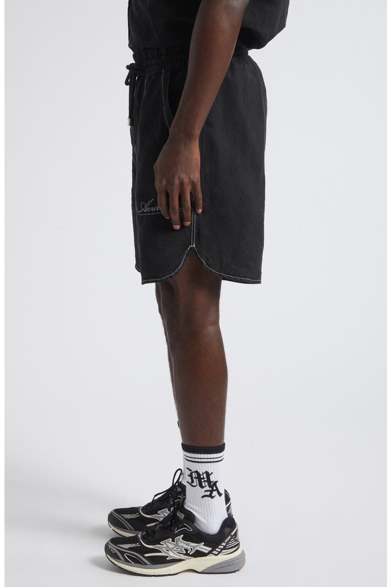 Script Garment Dyed Linen Blend Shorts, Alternate, color, BLACK