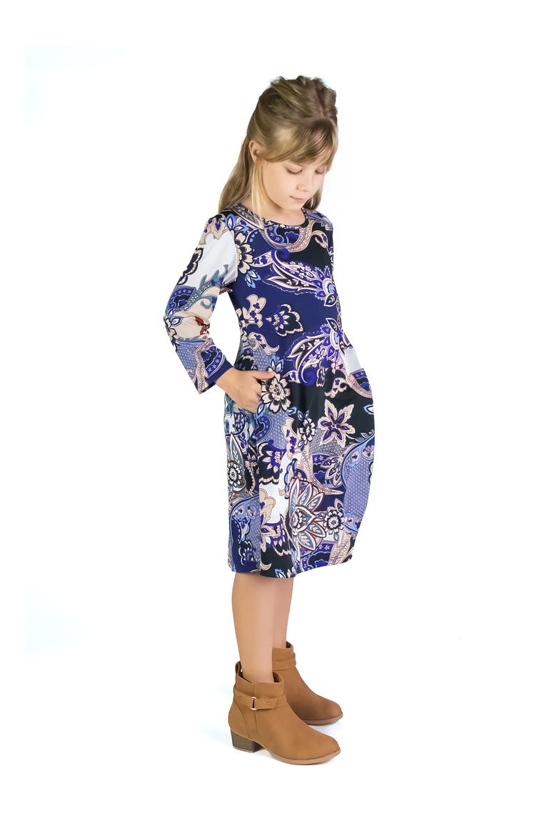 Blue Paisley Long Sleeve Loose Fit Knee Length Tunic Pocket Dress, Alternate, color, Blue Multi
