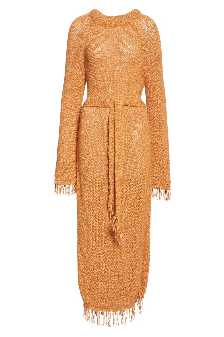 Kaiza Belted Long Sleeve Fringe Sweater Dress, Alternate, color, ORANGE