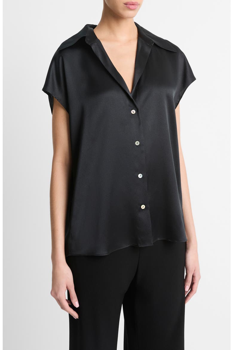 Cap Sleeve Gathered Back Short Sleeve Silk Button-Up Shirt, Alternate, color, BLACK