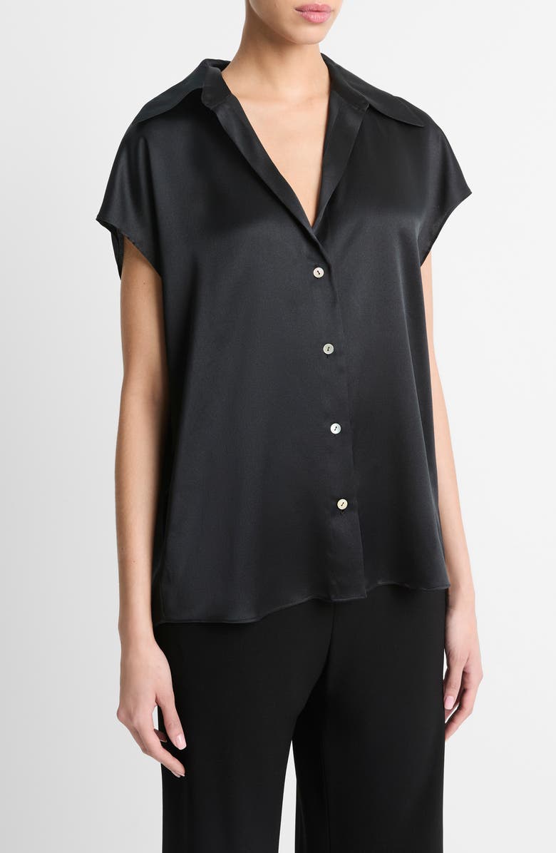 Vince Cap Sleeve Gathered Back Short Sleeve Silk Button-Up Shirt, Alternate, color, Black