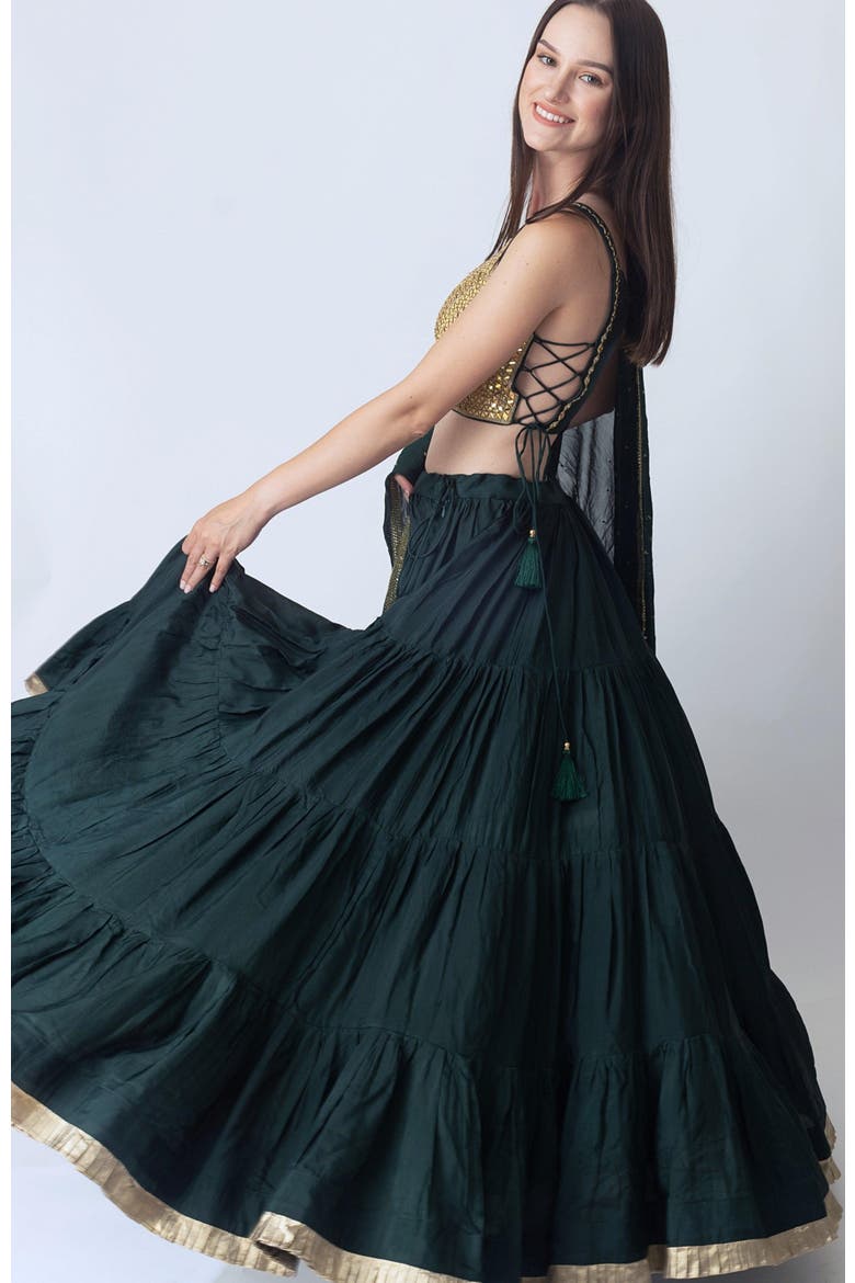 Camila Mirror Embroidered Tiered Lehenga Choli, Alternate, color, Green & Gold