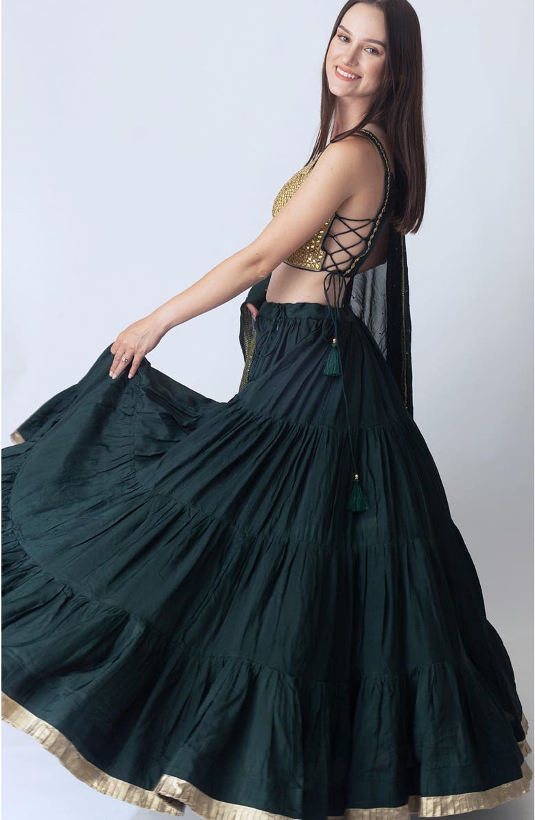 RAAS Camila Mirror Embroidered Tiered Lehenga Choli, Alternate, color, Green & Gold