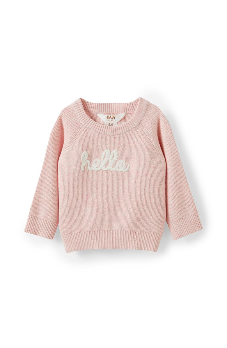 Cotton On Kids Baby Organic Knit Sweater, Main, color, Soft Musk Marle Hello