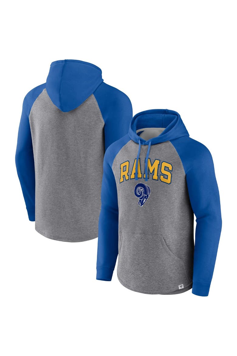Men's Fanatics Branded Heathered Gray/Royal Los Angeles Rams By Design Raglan Pullover Hoodie, Main, color, Heather Gray