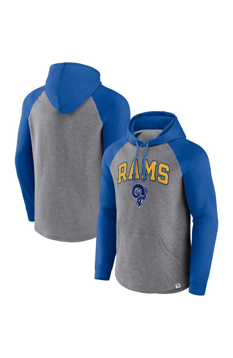 FANATICS Men's Fanatics Branded Heathered Gray/Royal Los Angeles Rams By Design Raglan Pullover Hoodie, Main, color, 