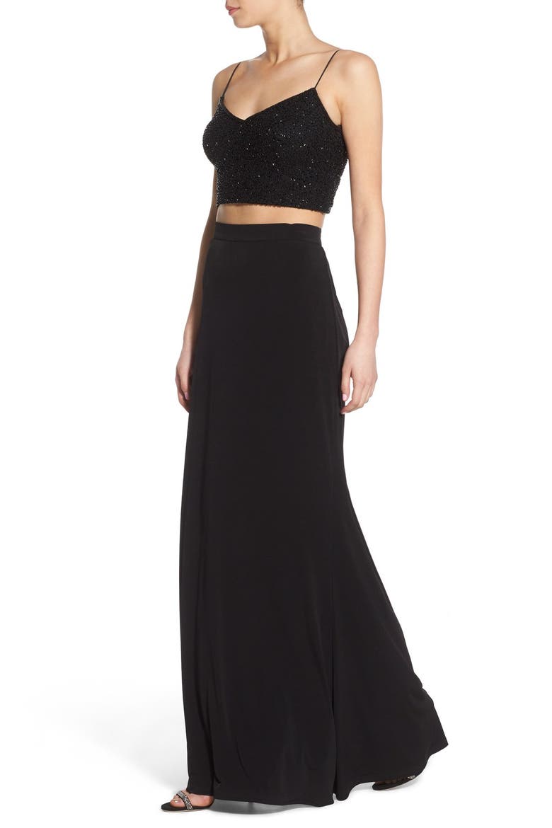 Two-Piece Sequin Jersey Gown, Alternate, color, BLACK