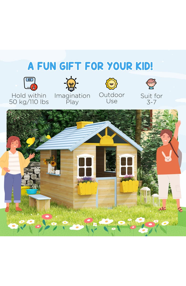 Outsunny Wooden Playhouse with Working Door, Windows, Bench, Service Station, Flower Pot Holder, Alternate, color, 