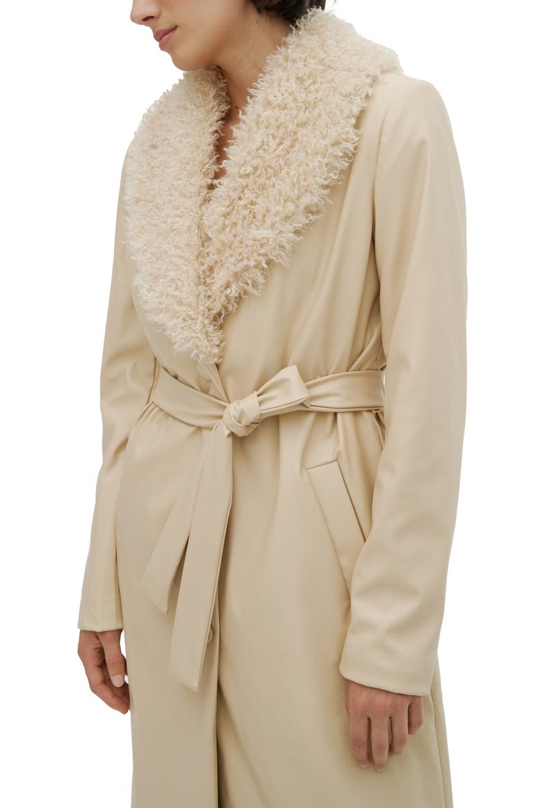 Tezza Faux Leather Trench with Faux Shearling Collar, Alternate, color, SAND